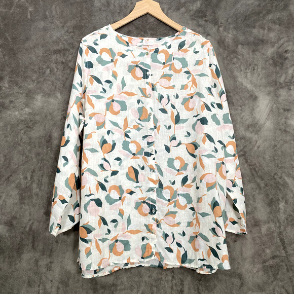 Rachel Zoe Womens Linen Button Up Top Size 1X Roll Tab Sleeves Artsy Office Boho - Picture 1 of 9